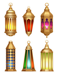 Canvas Print - Islamic lamps. Ramadan lanterns arabic vintage golden lighting lamps vector realistic pictures. Muslim lamp lantern, islamic or arabic illustration