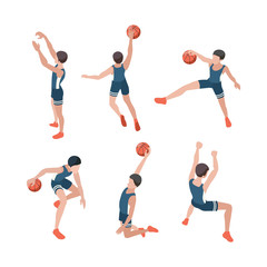 Sticker - Basketball players. Sport athletes playing in active games with ball healthy lifestyle vector isometric people. Illustration game player basketball