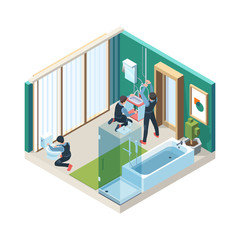 Poster - Repair bathroom. Plumber workers install pipelines in washing room vector concept pictures isometric. Plumber isometric handyman, craftsman installing, sanitary industry illustration