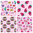 Set of 4 girly seamless patterns. Pink feminine backgrounds with lollipops, strawberries, watermelon slices, flowers, hearts, etc.