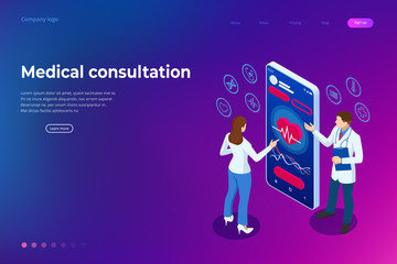 Wall Mural - Isometric Online Medical Consultation. Health care Concept. Health Insurance, Online Prescription. Online diagnosis concept banner with characters.