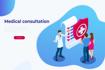 Wall Mural - Isometric Online Medical Consultation. Health care Concept. Health Insurance, Online Prescription. Online diagnosis concept banner with characters.