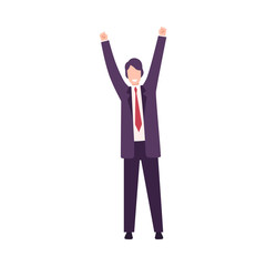 Sticker - Businessman Celebrating Victory, Successful Manager Character Dressed in Business Suit Standing with His Hands Up Flat Vector Illustration