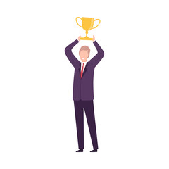 Sticker - Businessman Celebrating Victory with Trophy Cup, Manager Character Dressed in Business Suit Flat Vector Illustration