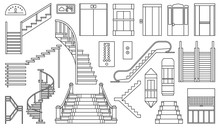 Staircase And Lift Vector Outline Set Icon.Vector Illustration Stair And Escalator.Isolated Outline Icon Wooden Of Metal Staircase On White Background.