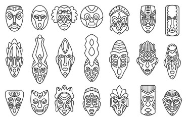 African mask outline set icon.tribal African mask outline vector illustration on white background .Vector illustration set icon face voodoo.