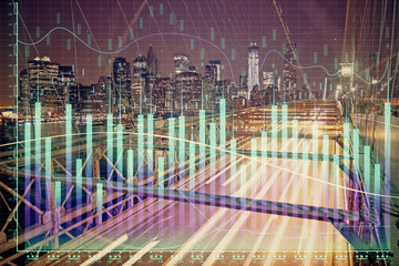 Forex chart on cityscape with tall buildings background multi exposure. Financial research concept.