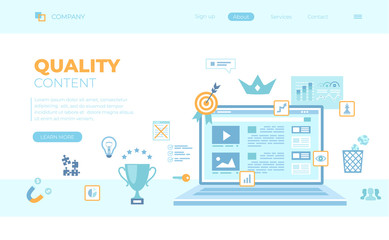 Wall Mural - Quality content, content management, optimization, filtration, rating. Web page on the laptop screen, growing graphics, winner's cup, target, trash can. Can use for web banner, landing page, web