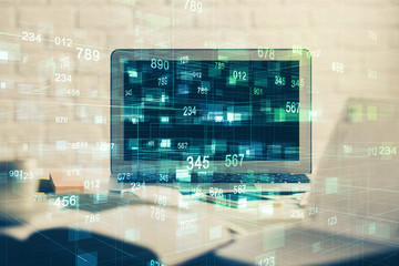 multi exposure of desktop computer and technology theme hologram. concept of software development.
