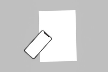 3D Rendering of Blank Full Screen Smart Phone on Paper