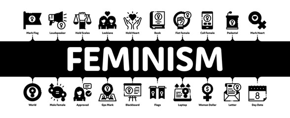 Wall Mural - Feminism Woman Power Minimal Infographic Web Banner Vector. Feminism Symbol On Flag And Gps Mark, Lesbians And Hand Hold Scales, Equality And Love Illustrations