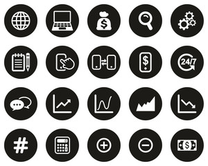 Canvas Print - Stock Market Or Stock Exchange Icons White On Black Flat Design Circle Set Big