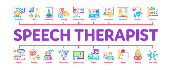 Wall Mural - Speech Therapist Help Minimal Infographic Web Banner Vector. Speech Therapist Therapy, Alphabet And Blackboard, Phone And Microphone Illustrations
