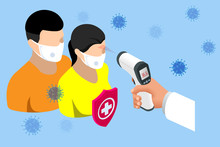 A Doctor Measures The Temperature Of A Woman In A Medical Mask. Novel Wuhan Coronavirus 2019-nCoV Epidemic Outbreak. Medical Digital Non-Contact Infrared Thermometer, Covid-19 Checkpoint
