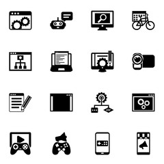 Wall Mural - 16 application filled icons set isolated on white background. Icons set with Website optimization, Chat Bot, analytics app, Mobile Learning, Web Development, Content management icons.