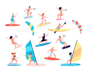 Wall Mural - Water sports. Canoes, extreme sea lifestyle. Surfing and windsurfing, people recreational ocean outdoor activity. Summer leisure vector set. Windsurfing surfer sailing, sportsman outdoor illustration