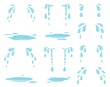 Cartoon tears. Water splash, raining drops and natural stream. Weeping droplets and cry tear. Isolated drip sweat and raindrops vector set. Rain cry water expression, unhappy depression illustration