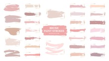 Pastel Brush Strokes. Creative Spots, Gold Frames And Pink Palette Samples. Fashion Makeup Blush Swatches. Beautiful Rose Grunge Paint Vector Collection. Illustration Pastel Texture, Watercolor Brush
