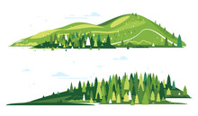 Two Compositions Include Green Mountains With Spruce Forest Around On Flat Style, Nature Tourism Landscape Illustration Isolated, Sample Creative Mountain Compositions