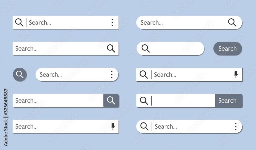 Set of white search bar isolated on blue background with shadows. Searching internet browse. Menu for site, app, interface with button. Empty search frame for web adress. Modern elements UI. Vector. - obrazy, fototapety, plakaty 