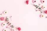 Fototapeta Mapy - Flowers composition. Pink flowers and eucalyptus branches on pink background. Valentines day, mothers day, womens day concept. Flat lay, top view