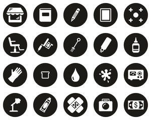 Wall Mural - Tattoo Shop & Equipment Icons White On Black Flat Design Circle Set Big