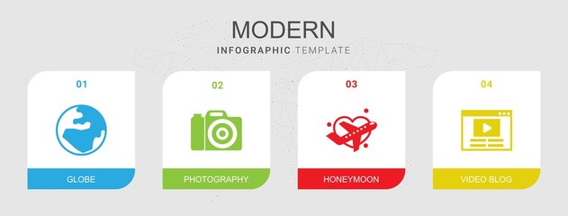 Wall Mural - 4 modern filled icons set isolated on infographic template. Icons set with globe, Photography, Honeymoon, Video blog icons.