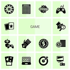 Wall Mural - 14 game filled icons set isolated on white background. Icons set with Joker, NPC, gauntlet gloves, quest, roulette, Bingo, Jackpot, Gaming, poker, online casino, goal, Video games icons.