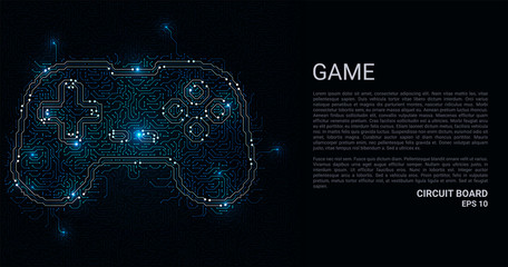 Circuit Board in the form of a game. Microchip gamepad background. High-tech vector illustration of a game made of chips. Electronic board.