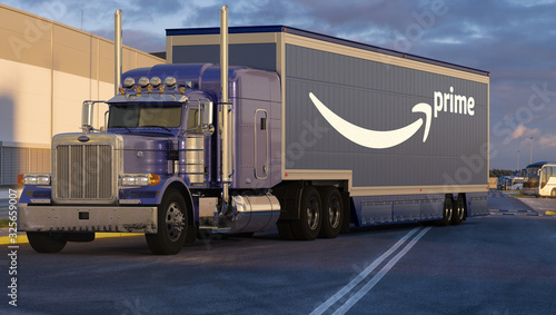American Peterbilt Truck With A Semi Trailer With The Amazon Prime Logo In The Amazon Logistics Center Stock Foto Adobe Stock