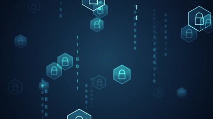 Cyber security concept. Shield With Keyhole icon on digital data background. Illustrates cyber data security or information privacy idea. Blue abstract hi speed internet technology.