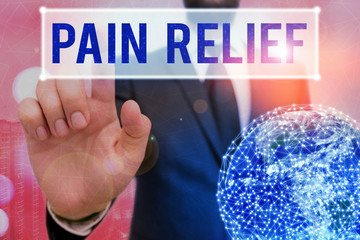 Writing note showing Pain Relief. Business concept for Drugs or other methods of reducing or getting rid of pain