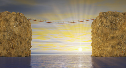 Suspension bridge between two rocks on the background of sea sunset. 3d render.