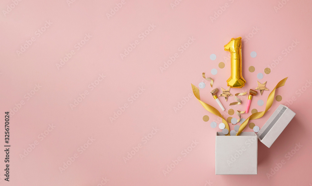 Number 1 birthday balloon celebration gift box lay flat explosion - obrazy, fototapety, plakaty 