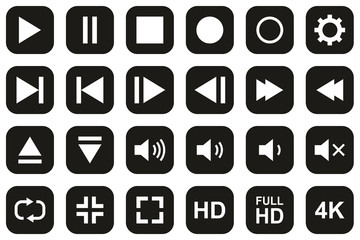 Canvas Print - Video & Audio & Camera Button Icons White On Black Flat Design Set Big