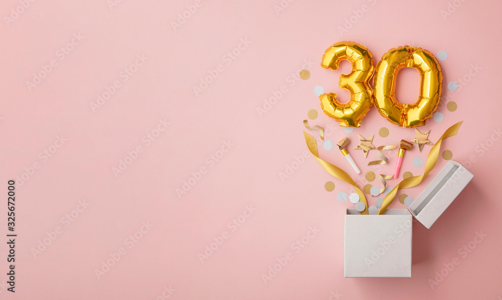 Number 30 birthday balloon celebration gift box lay flat explosion - obrazy, fototapety, plakaty 