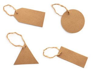 Various Price, discount or information tags on recycled paper with a hanging string. isolated on white.