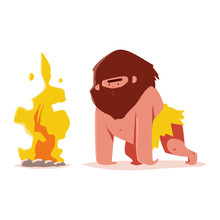 Cute Caveman With Bonfire Vector Cartoon Character Isolated On A White Background.