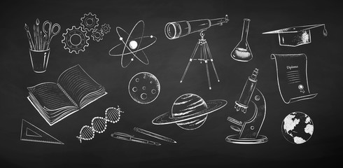 Chalk drawn illustration set of science objects