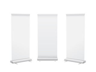 Wall Mural - realistic 3d vertical roll up banner stand template design. isolated vector.