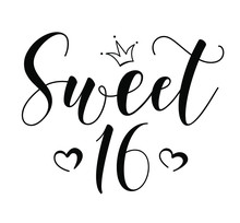 Sweet 16teen. Happy Birthday Lettering Sign. Design Elements For Postcard, Poster, Graphic, Flyer. Simple Vector Brush Calligraphy. Stock Illustration Isolated On White Background.