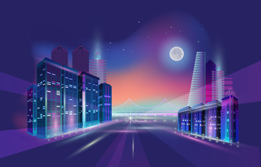 Wall Mural - Night city panorama with moon and neon glow. Vector illustration.