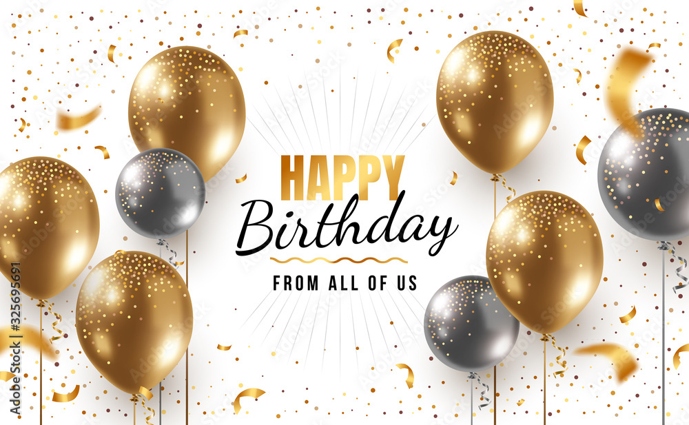 Vector happy birthday horizontal illustration with 3d realistic golden and silver air balloon on white background with text and glitter confetti. - obrazy, fototapety, plakaty 