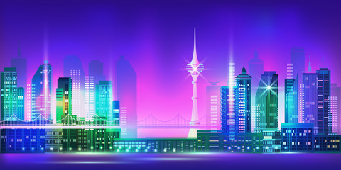 Wall Mural - Night city panorama with v tower and neon glow. Vector.