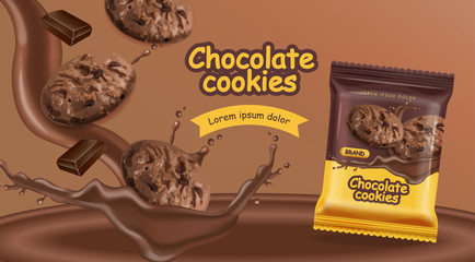 Chocolate cookies vector realistic mock up. Declious dessert falling cookies with chocolate splash. 3d detailed product package. label advertise packs