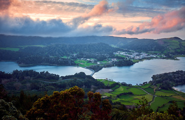 Beautiful landscape. Lake in the crater of a volcano. Azores, Portugal.