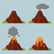 Vector set of volcanoes of varying degrees of eruption. Flat style illustration with isolated objects.