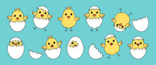 Easter Baby Chickens, Cartoon Eggs Chick And Shell On Blue Background. Vector Illustration
