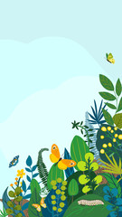 Wall Mural - Beautiful floral background, frame. Green leaves, colorful flowers, caterpillar and butterflies. Spring, summer corner for social network backdrop, invitation, wedding, birthday. Vector illustration.