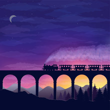 Beautiful Night Landscape With A Train Traveling Over A Bridge, Mountains And Forest Against A Starry Sky.vector Illustration